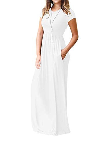 VIISHOW Women's Short Sleeve Loose Plain Maxi Dresses Casual Long Dresses with Pockets (White Small) - Image 2
