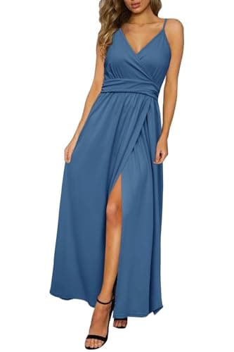 Newshows Women's 2025 Summer Maxi Dress Spaghetti Strap Spring Casual Boho V Neck Split Beach Long Flowy Wedding Guest Dresses Semi Formal Fashion Trendy(Grey Blue,S) - Image 1