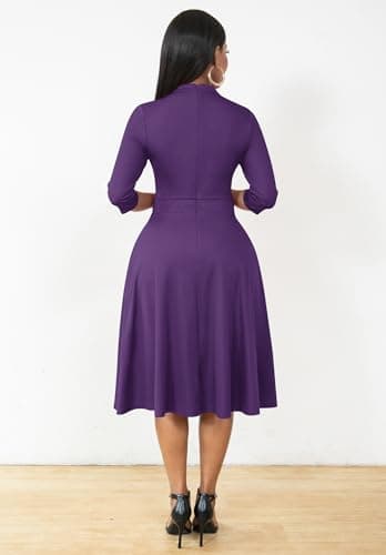 Nmoder Casual Dresses for Women Semi Formal Fit and Flare 3/4 Sleeve A-line Church Work Dress with Pockets Purple 3XL - Image 4