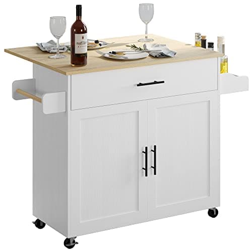 IRONCK Rolling Kitchen Island Table on Wheels with Drop Leaf, Storage Cabinet, Drawer, Spice/Towel Rack, Kitchen Cart, 47.25" Wide White - Image 1