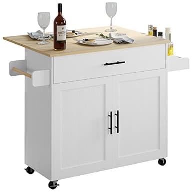 IRONCK Rolling Kitchen Island Table on Wheels with Drop Leaf, Storage Cabinet, Drawer, Spice/Towel Rack, Kitchen Cart, 47.25" Wide White - Image 1