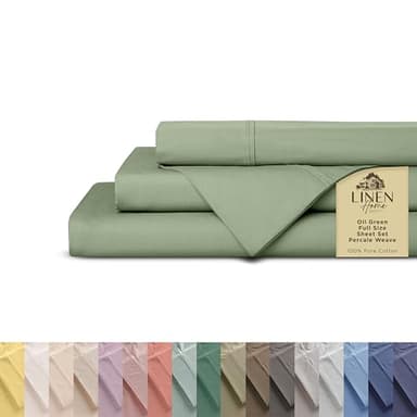 Linen Home 100% Cotton Percale Sheets Full Size, Oil Green, Deep Pocket, 4 Pieces Set - 1 Flat, 1 Deep Pocket Fitted Sheet and 2 Pillowcases, Crisp Cool and Strong Bed Linen - Image 1