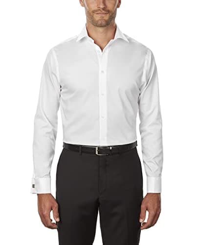 Calvin Klein Men's Non Iron Regular Fit Herringbone French Cuff Dress Shirt, White, 17" Neck 34"-35" Sleeve - Image 1