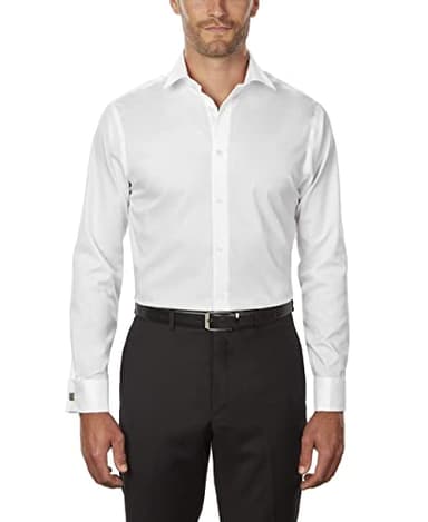 Calvin Klein Men's Non Iron Regular Fit Herringbone French Cuff Dress Shirt, White, 17" Neck 34"-35" Sleeve - Image 1