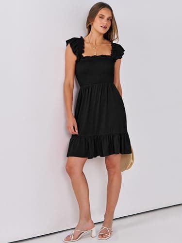 Prinbara Womens Summer Casual Square Neck Smocked Short Sundress 2025 Spring Beach Vacation Flowy Cute Teen Boho Dresses Black Small - Image 5