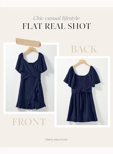 Dokotoo Womens Navy Blue Dresses Summer Wrap V Neck Short Sleeve Smocked Elastic Waist Tiered Belted Ruffle Hem Mini Dress Sexy Holiday Dresses for Women Graduation Dress L - Image 4