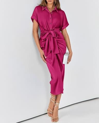 BTFBM Women Button Down Ruched Shirt Dresses Satin Short Sleeve Lapel V Neck Summer Maxi Dress 2025 Party Wedding Guest(Rose Red, Small) - Image 7