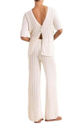 Imily Bela Women's 2 Piece Knit Vacation Outfits Summer Beach Cardigan Top and Drawstring Long Pants Pajama Set Loungewear - Image 7