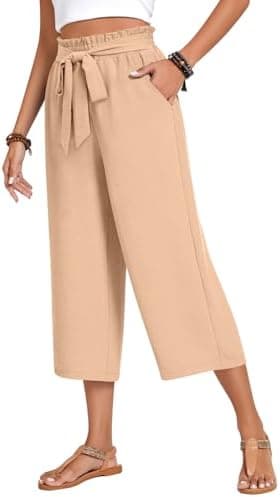 Aodemo Women‘s Capri Pants Plus Size Wide Leg High Waist Tie Knot Pants Casual Palazzo Trousers with Pockets - Image 3