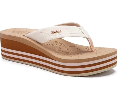 ONCAI Women’s Platform Flip Flops 2025 Womans Dressy Summer Beach Essentials Wedge Sandals Trendy Comfortable Chunky Flatform Walking Outdoor Thick Rubber Soles Beige size 7 - Image 1