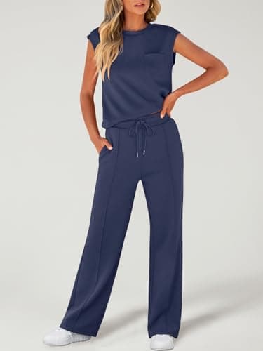 ANRABESS Two Piece Sets for Women Summer Sleeveless Sweatsuits Wide Leg Casual Lounge Set Matching Vacation Travel Outfits Large - Image 3