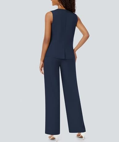 Casly Lamiit Two Piece Sets for Women Dressy Business Suit Set Sleeveless Blazer Vest Pants with Pockets Trendy Outfits Professional Clothes Navy Blue S - Image 4