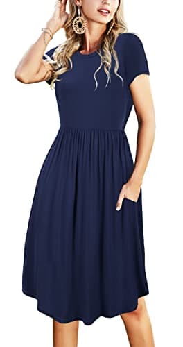 Women Spring Summer Simple Sleeve Pocket Teacher Casual Midi Dress Navy M - Image 1