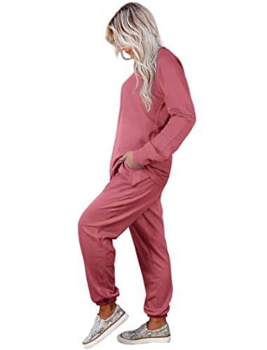 Aloodor Lounge Sets for Women Round Neck Cute Pajamas Sets Loungewear with Pocket Pink S - Image 3