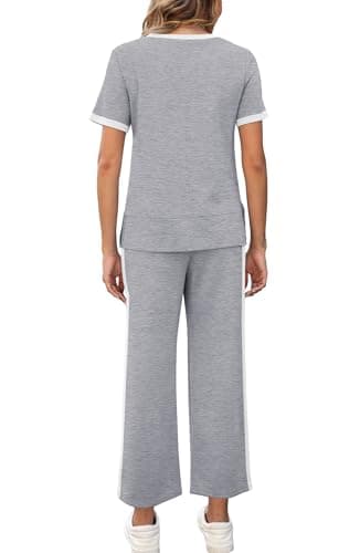 XIEERDUO Woman Lounge Sets Casual Summer Two Piece Travel Outfits Spring Loose Short Sleeve Tracksuit Wide Leg Loungewear Cropped Pants Matching Clothing Set Women's Track Suit Grey XL - Image 4