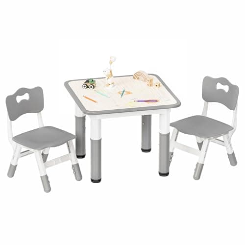 Pterying Kids Table and 2 Chairs Set, Height Adjustable Toddler Table and Chair Set, 23.6" L x 23.6" W Children Multi-Activity Table for Ages 2-8, Graffiti Desktop, Daycare, Classroom, Home (Grey) - Image 1