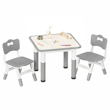 Pterying Kids Table and 2 Chairs Set, Height Adjustable Toddler Table and Chair Set, 23.6" L x 23.6" W Children Multi-Activity Table for Ages 2-8, Graffiti Desktop, Daycare, Classroom, Home (Grey) - Image 1