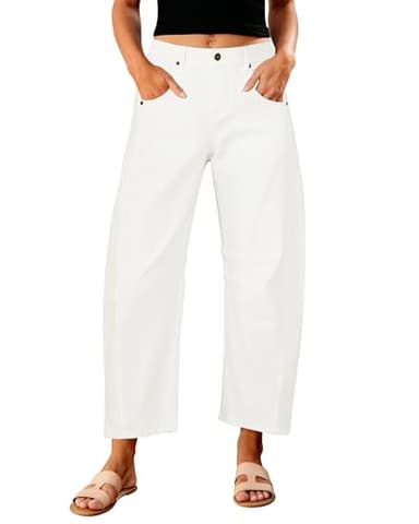 GRAPENT Women's High Waisted Crop Jeans - Barrel Leg Casual Summer Pant Size 4-6 Cream White - Image 1