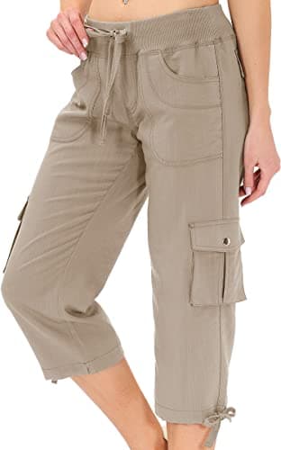 MoFiz Women's Hiking Cargo Shorts Quick Dry Lightweight Athletic Capri Pants for Camping Jogger with Pockets Khaki - Image 1