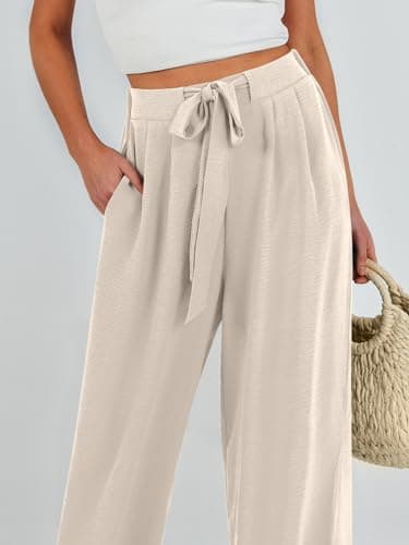 Caracilia Women Wide Leg Palazzo Pants Summer High Waist Flowy Casual Trousers Loose Lounge Beach Travel Vacation Clothes Apricot Medium - Image 6