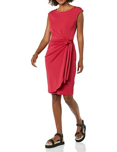 Amazon Essentials Women's Cap Sleeve Boat-Neck Faux Wrap Dress, Raspberry Red, Small - Image 1