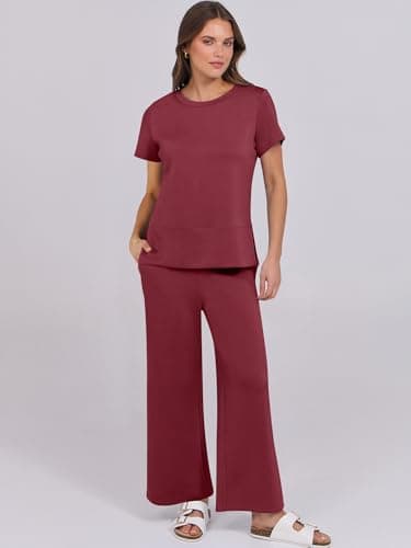 ANRABESS Women 2 Piece Lounge Sets Summer Travel Sweat Outfits Short Sleeve Wide Leg Casual Matching Tracksuits Clothes Wine Red Large - Image 6