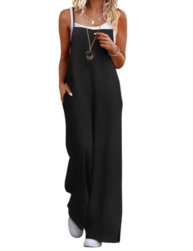 Ekouaer Womens Causal Sleeveless Jumpsuits Summer Boho Wide Leg Floral Rompers Overalls with Pockets Black L - Image 1