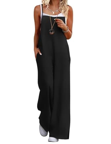 Ekouaer Womens Causal Sleeveless Jumpsuits Summer Boho Wide Leg Floral Rompers Overalls with Pockets Black L - Image 1