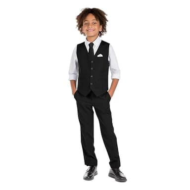 Marvelous Kids Boys 6-Piece V-Neck Formal Slim Fit Vest Suit Set, Black, Size 5 - Image 1