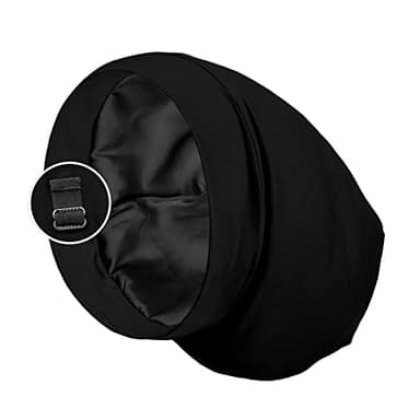 PARISBELLA Satin Lined Sleep Cap Bonnet for Curly Hair and Braids, Stay On All Night Wrap with Adjustable Strap for Women and Men, Black, Pack of 1 - Image 1
