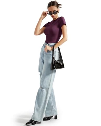 SUUKSESS Women Double Lined Fitted Basic Tee Shirts Crew Neck Short Sleeve Y2K Going Out Crop Tops (Plum, M) - Image 5
