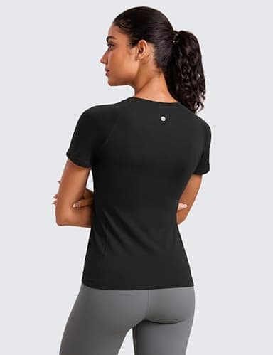 CRZ YOGA Seamless Workout Tops for Women Short Sleeve Athletic Tees Breathable Gym Running Yoga Shirts Black Medium - Image 2