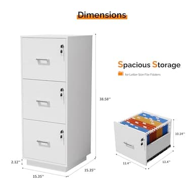 VINGLI 3 Drawer File Cabinet with Lock, Home Office Filing Organizer, for Letter Size File Folder Storage, Wood Tall Vertical Filing Cabinet, Printer Stand, Archivador (White) - Image 3