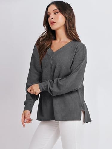 ANRABESS Oversized Long Sleeve Shirts for Women Off the Shoulder Sweatshirt Loose V Neck Tunic Tops High Low Sweater 2025 X-Small Dark Grey - Image 6