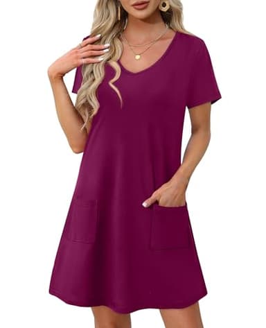 OFEEFAN Valentine's Dress for Women Summer Dresses for Women 2025 Casual V Neck Swing Short Sleeve T Shirts Dress Sundresses with Pockets A Burgundy XL - Image 2