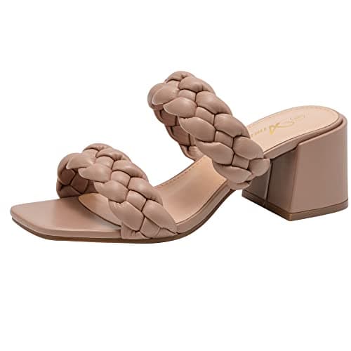 Athlefit Women's Braided Heeled Sandals Strappy Square Open Toe Heels Backless Mules Slip On Block Heels Nude Size 7.5 - Image 1