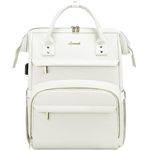 LOVEVOOK Leather Laptop Backpack for Women 15.6 inch,Travel Backpack Purse Nurse Teacher Backpacks Computer Laptop Bag,Professional College Business Work Carry On Backpack with USB Port,Beige White - Image 1