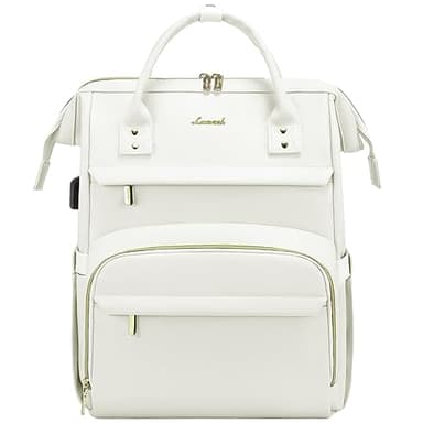 LOVEVOOK Leather Laptop Backpack for Women 15.6 inch,Travel Backpack Purse Nurse Teacher Backpacks Computer Laptop Bag,Professional College Business Work Carry On Backpack with USB Port,Beige White - Image 1