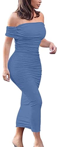 GOBLES Women's Ruched Off Shoulder Short Sleeve Bodycon Midi Elegant Cocktail Party Dress Light Blue - Image 1