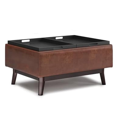 SIMPLIHOME Owen 34 inch Wide Mid Century Modern Rectangle Tray Top Small Coffee Table Storage Ottoman in Distressed Saddle Brown Vegan Faux Leather, Assembled, For the Living Room and Entryway - Image 4