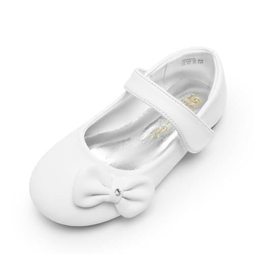DREAM PAIRS Toddler Dress Shoes Mary Jane Flats for Girls Side Bow Ballerina Shoes,Size 5 Toddler,White-Pu,Angel-5 - Image 1