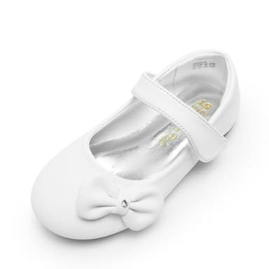 DREAM PAIRS Toddler Dress Shoes Mary Jane Flats for Girls Side Bow Ballerina Shoes,Size 5 Toddler,White-Pu,Angel-5 - Image 1