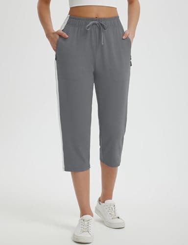 baleaf Womens Yoga Capri Pants with Zipper Pockets Summer Drawstring Capris Joggers Lounge Crop 19" Grey M - Image 2