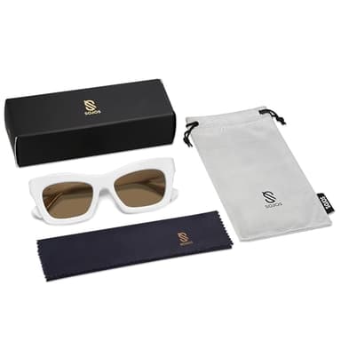 SOJOS Trendy Cat Eye Polarized Sunglasses for Women Men Retro Chuncky Designer Sunnies SJ2339, White/Brown - Image 5