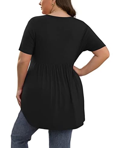 SHIJIALI Women's Plus Size Henley Shirts V Neck Tunic Tops Casual Short Sleeve Swing Flowy Blouse Pure Black-XX-Large - Image 2