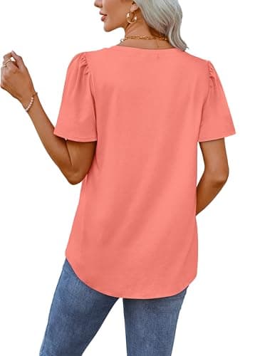 OFEEFAN T Shirts for Women Short Sleeve Pleated Summer Tops Loose Fit V Neck Oversized Tee Shirts Coral 2XL - Image 5
