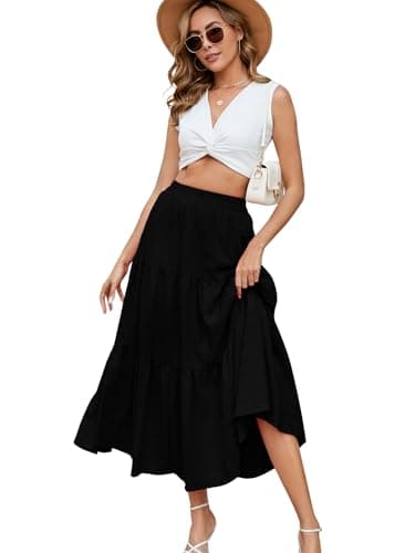 HUSKARY Skirts for Women Trendy Summer Casual High Waisted Flowy Maxi Skirt Spring Loose Tiered Layered Beach Skirt,Black,Large - Image 4