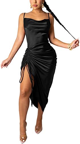 WUSENST Women's Spaghetti Strap Satin Dress Sexy Backless Drawstring Ruched Split Hem Cocktail Evening Party - Image 1