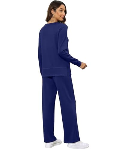 XIEERDUO Women Two Piece Outfits 2 PC Lounge Sets Fall Long Sleeve Travel Tracksuit Winter Track Suit Airport Loungewear Vacation Sweatsuit Wide Leg Sweatpants Matching Set Navy L - Image 5