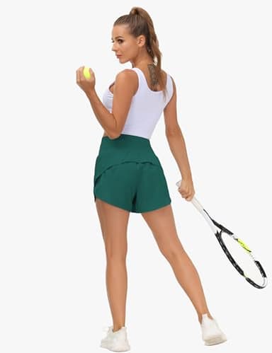 THE GYM PEOPLE Womens High Waisted Running Shorts Quick Dry Athletic Workout Shorts with Mesh Liner Zipper Pockets Dark Green - Image 3
